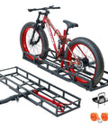 Beefy 2 Bike Hitch Rack And Foldable Cargo Carrier For E Bikes, Heavy Duty Fits Two Fat Tire Mountain Bikes, 2 Inch Receiver, 2 In 1 Convertible Design, Mounts On Cars SUVs Trucks RVs Minivans, Red, shown with bike and accessories