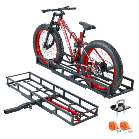 Beefy 2 Bike Hitch Rack And Foldable Cargo Carrier For E Bikes, Heavy Duty Fits Two Fat Tire Mountain Bikes, 2 Inch Receiver, 2 In 1 Convertible Design, Mounts On Cars SUVs Trucks RVs Minivans, Red, shown with bike and accessories