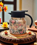 Vintage Floral Pattern Tea Pot With Built-In Infuser, Insulated Stainless Steel Thermal Carafe for Loose-Leaf Tea, 800ml, on a tray.