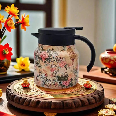 Vintage Floral Pattern Tea Pot With Built-In Infuser, Insulated Stainless Steel Thermal Carafe for Loose-Leaf Tea, 800ml, on a tray.