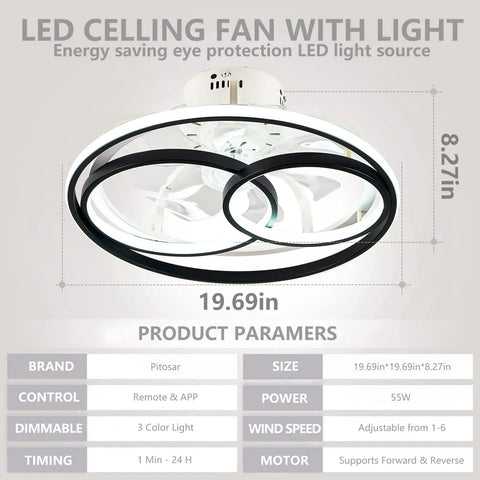 Flush Mount Ceiling Fan With Lights 19.69 Inch, 55W Low Profile LED Ceiling Fan with remote control, 6-speed, black finish