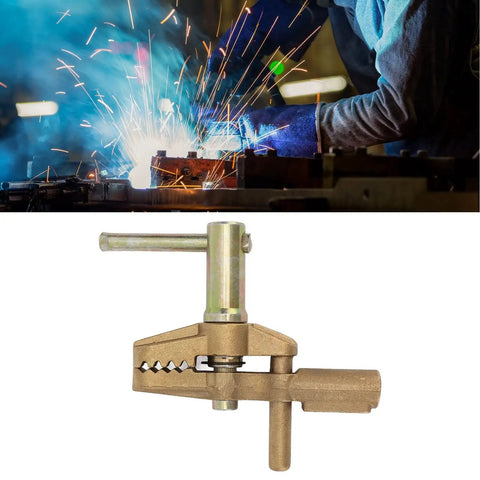 Brass Welding Ground Clamp with Rubber Sleeve, 35mm Opening, 800A Capacity, used during welding process with sparks