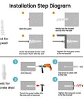 Installation steps for Heavy Duty Shelf Brackets 12 Inch By 8 Inch With Screws 8 Pack, showing drywall and concrete wall methods.