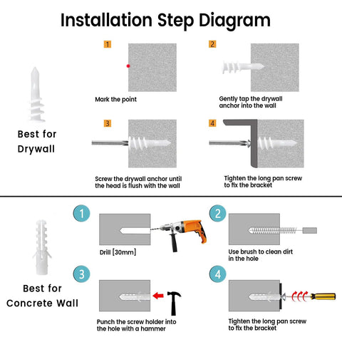 Installation steps for Heavy Duty Shelf Brackets 12 Inch By 8 Inch With Screws 8 Pack, showing drywall and concrete wall methods.