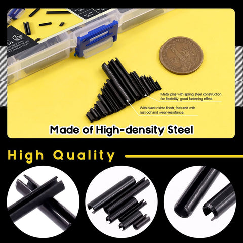 Roll Pin Assortment Kit 416 Pcs 13 Sizes From M1.5 To M6 Slotted Spring Steel Pins With Storage Case displayed on yellow background