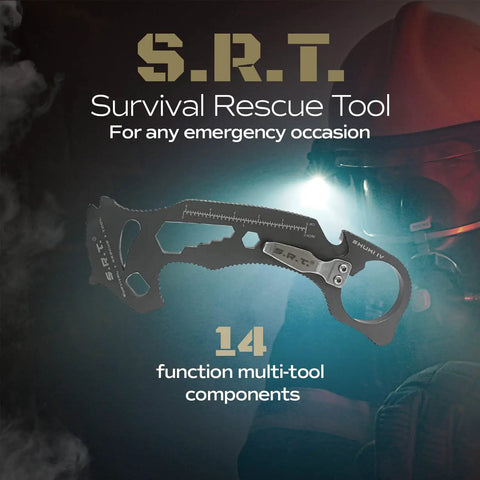 Must Have 14 Function Survival Rescue Tool For Everyday Carry And Car Emergencies, Grab And Go Auto Multitool with helmet background