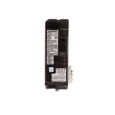Q115DF 15 Amp AFCI GFCI Dual Function Circuit Breaker front view with label and LED trip indicator