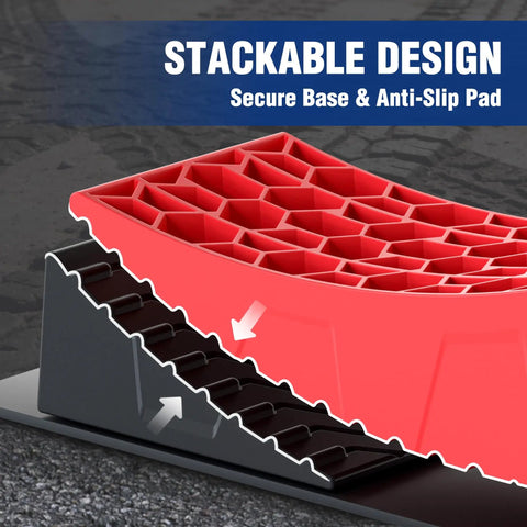 Stackable anti-slip design of Heavy Duty Nine Piece RV Leveling Blocks Kit Rated Eight Thousand Pounds for stability.