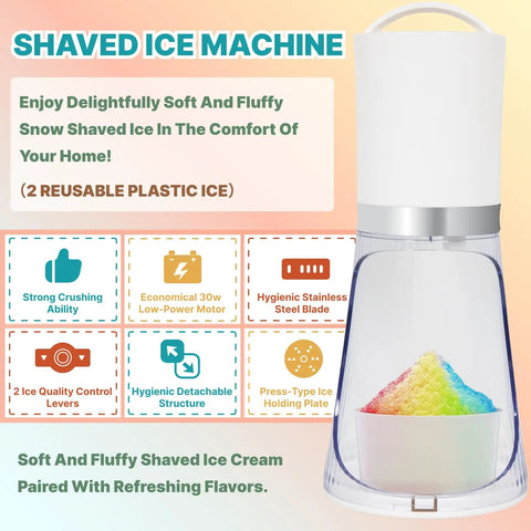 Glowing Electric Snow Cone Maker For Home Use Quick Ice Crusher With 2 Easy Clean Molds compact appliance showing colorful snow cone.