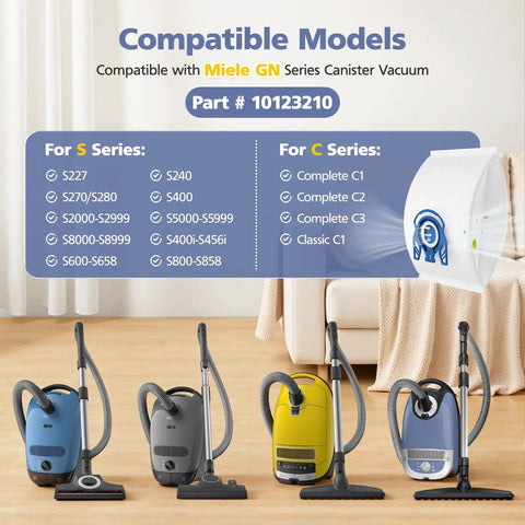 Image showing compatible Miele GN Series Canister Vacuums with the 20 Pack 3D AirClean Replacement Vacuum Bags.