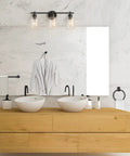 All In One 5 Piece Bathroom Set With 3 Light Vanity Fixture Matte Black Finish Clear Glass Shades Towel Bar Towel Ring Robe Hook
