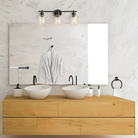 All In One 5 Piece Bathroom Set With 3 Light Vanity Fixture Matte Black Finish Clear Glass Shades Towel Bar Towel Ring Robe Hook