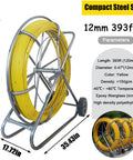 Heavy Duty 12mm Fiberglass Fish Tape With Reinforced Steel Core Non Conductive Cable Puller And Conduit Rodder on a metal reel.