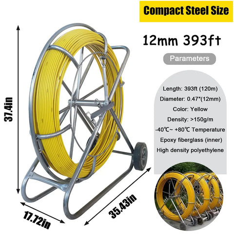 Heavy Duty 12mm Fiberglass Fish Tape With Reinforced Steel Core Non Conductive Cable Puller And Conduit Rodder on a metal reel.