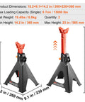 Front and side views of VEVOR 6-Ton jack stands, red adjustable column and black bases; pair