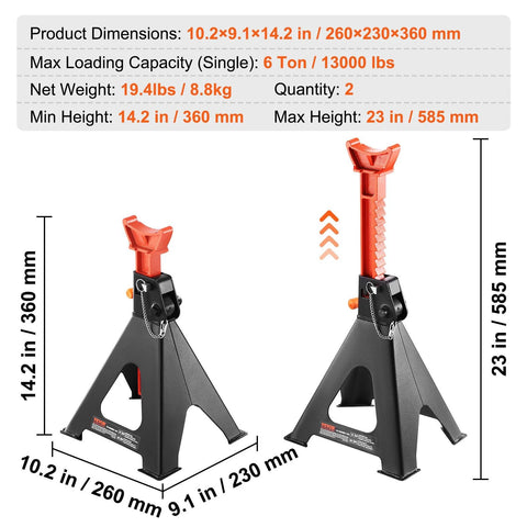 Front and side views of VEVOR 6-Ton jack stands, red adjustable column and black bases; pair