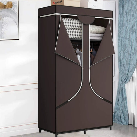 Portable Wardrobe Closet Organizer With Metal Frame And Nonwoven Fabric 34.6 Inch Long By 17.7 Inch Wide By 66.1 Inch Tall Four Shelves And Two Hanging Rods Coffee Color Built To Last No Fuss Setup For Dorm Rooms And Apartment Pads