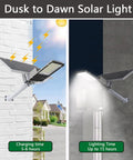 Solar Street Light Outdoor IP65 Security Flood Light With Remote Control on wall, day and night operation shown