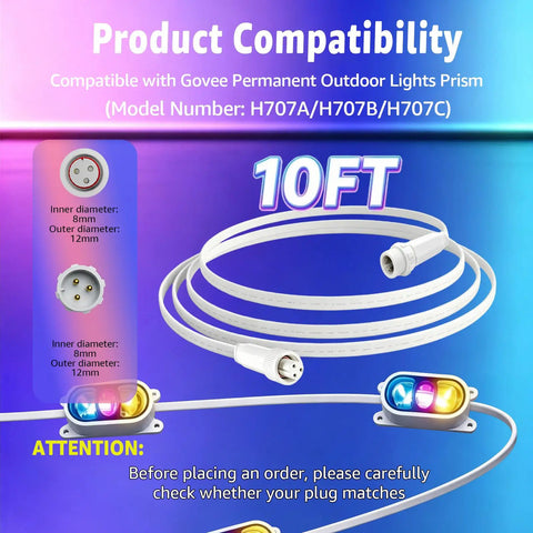 Heavy Duty 10 Foot Extension Cord For Govee Prism Outdoor Lights Plug And Play Three Pin Design with compatibility details.