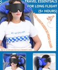 Woman using Travel Pillow for Airplanes and Cars with Built In Eye Mask, 360 Degree Neck Support Headrest for comfortable flight sleep