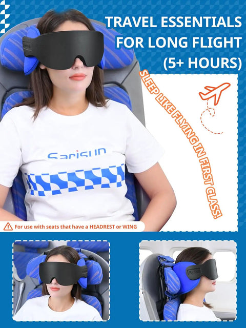 Woman using Travel Pillow for Airplanes and Cars with Built In Eye Mask, 360 Degree Neck Support Headrest for comfortable flight sleep