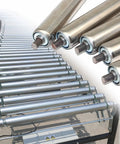 Hella Tough Galvanized Steel Gravity Conveyor Rollers showing multiple stainless steel rollers for heavy duty warehouse use.