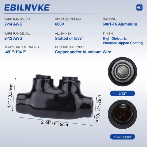 Heavy Duty Insulated Inline Splice Connectors 6 Pack For 2 To 14 Awg Wire Copper Aluminum Marine Solar Automotive. Specs and dimensions shown.