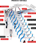Rock Solid Carbon Steel Attic Ladder product details highlighting features like hydraulic rod and anti-slip steps, measuring 80x120cm.