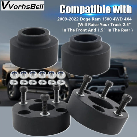 2.5 Inch Front Strut Spacers And 1.5 Inch Rear Lift Spacer Kit For Ram 1500 4WD 4X4 2009 Through 2022 shown with components