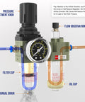 Close-up of All In One Air Regulator With Gauge And Water Separator Kit showing pressure adjustment knob and flow observation.