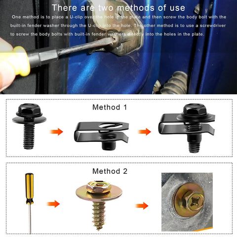 Rock Solid Car U Clip And Screw Assortment Kit With Heavy Duty Body Fasteners and Hella Tough Self Tapping Bolts method usage image.