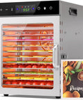Flex Your Home Chef Skills With This Sick Twelve Tray Food Dehydrator That Lets You Bulk Up On Homemade Beef Jerky Dried Fruits Fresh Herbs And Crunchy Dog Chews Without The Hassle with trays of fruits and a recipe card.
