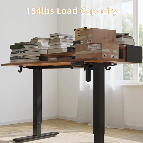 Rustic Brown Electric Standing Desk 48x24 Inches For Short People Adjustable Height 18.1 To 28.3 Inches With Storage Shelf And Fabric Drawers Perfect Low Rise Home Office Table Splice Board Design with books and storage.