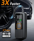 Portable Tire Inflator Air Pump With 150 PSI Rechargeable Cordless Power Digital Pressure Gauge next to car tire