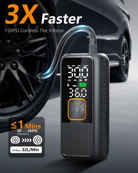 Portable Tire Inflator Air Pump With 150 PSI Rechargeable Cordless Power Digital Pressure Gauge next to car tire