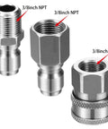 Front view of Amazon stainless steel 3/8 in NPT quick-connect adapter set; male and female plugs, two-pack.