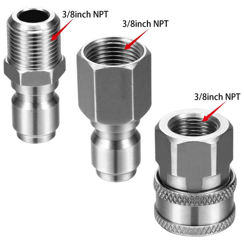 Front view of Amazon stainless steel 3/8 in NPT quick-connect adapter set; male and female plugs, two-pack.