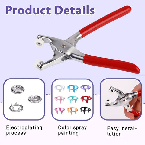 Top Shelf Metal Snap Button Kit With Pro Grade Pressing Pliers And Sure Grip Handles For Tough Garment Fixes Bags Shoes And Baby Wear Super Trusty Hardware Set with red handles and metal jaws.