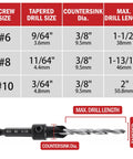 Adjustable Three Piece Countersink Drill Bit Set With Precision Depth Stop Collars And Secure Hex Shank For Flawless Pilot Holes In Wood Or Metal Heavy Duty Steel Designed To Knock Out Tough Jobs Without Skipping A Beat Shop Ready Kit size specifications chart with screw sizes and drill lengths.