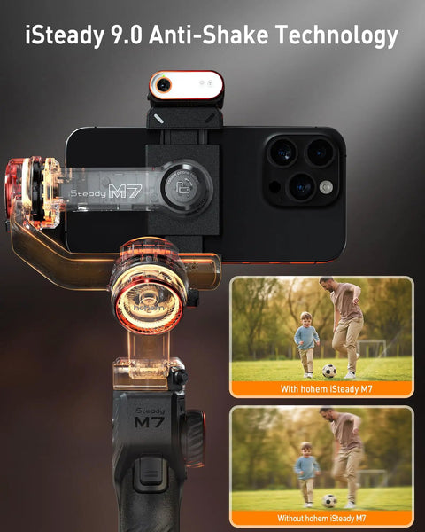 Phone Gimbal Stabilizer With AI Tracking And Detachable One Point Four Inch Touchscreen Remote shown with iSteady 9.0 technology