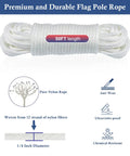Rugged Nylon Flag Pole Rope Kit 50 Feet Long One Quarter Inch Diameter with durability and features icons.