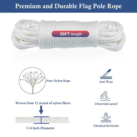 Rugged Nylon Flag Pole Rope Kit 50 Feet Long One Quarter Inch Diameter with durability and features icons.