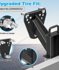 Stake Pocket Spare Tire Carrier for Trailers with upgraded double-screw fixation and 3 nut lock details on black steel mount.
