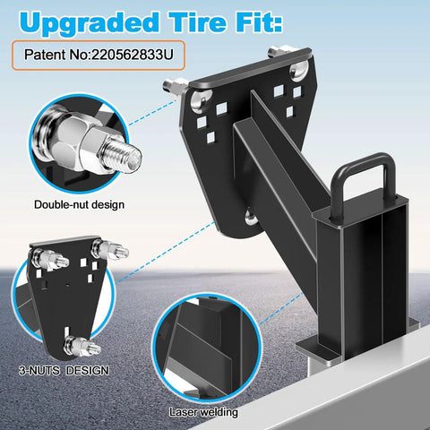 Stake Pocket Spare Tire Carrier for Trailers with upgraded double-screw fixation and 3 nut lock details on black steel mount.