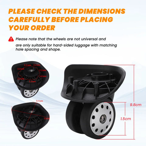 2 Pack Perforated 360 Degree Swivel Luggage Wheels Casters Black with dimensions and installation note for suitcases