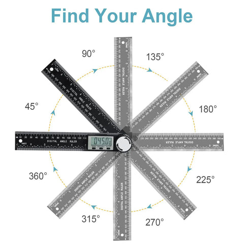 Digital Angle Ruler Protractor with 7 Inch and 200mm Scale displaying angles from 45° to 360° for woodworking and construction