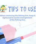 Close-up of pink and blue fishing reel with tip for Kid Friendly Portable Telescopic Fishing Rod And Reel Combo With Tackle Box.