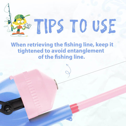 Close-up of pink and blue fishing reel with tip for Kid Friendly Portable Telescopic Fishing Rod And Reel Combo With Tackle Box.
