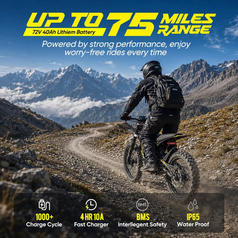 Heavy Duty 16000 Watt Electric Dirt Bike For Adults riding on a rugged path surrounded by mountains, showcasing 72V 40Ah battery performance.