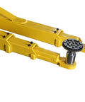 Side view of yellow steel two-post floor-plate car lift arms with adjustable wheel pads